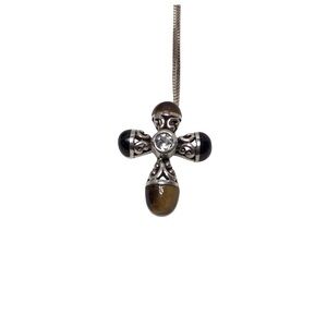 Tiger Eye, Onyx and CZ Cross Pendant on SS chain